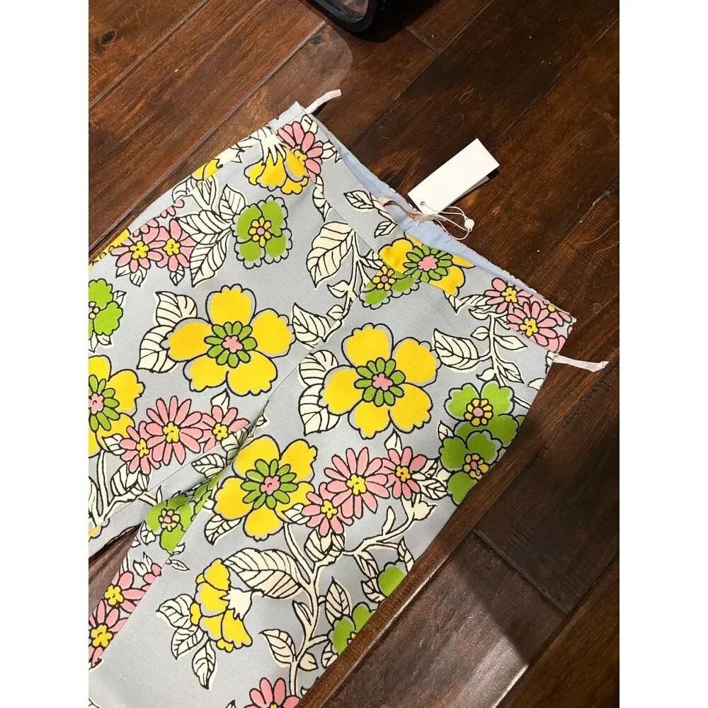 TORY BURCH Printed Twill Crepe Flared Pants | Blue Floral Wallpaper | NWT | 0
